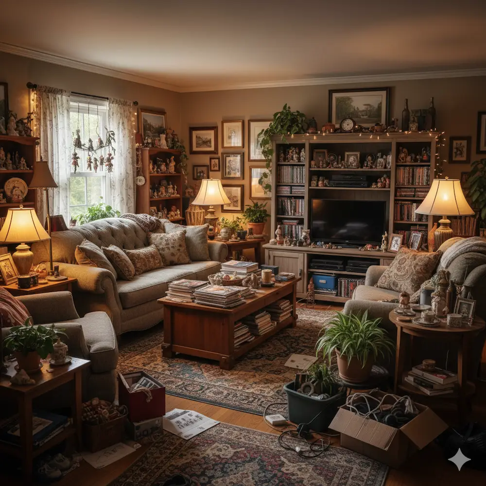가구와 소품이 과도하게 배치된 거실 모습