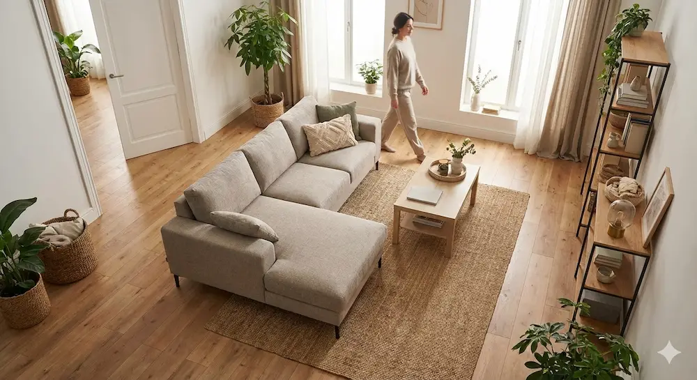 거실 공간에 배치된 소파와 주변 동선을 확인하는 모습