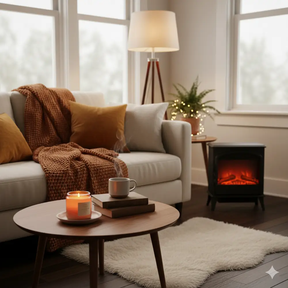 따뜻한 색감의 소품으로 연출된 겨울철 실내 공간