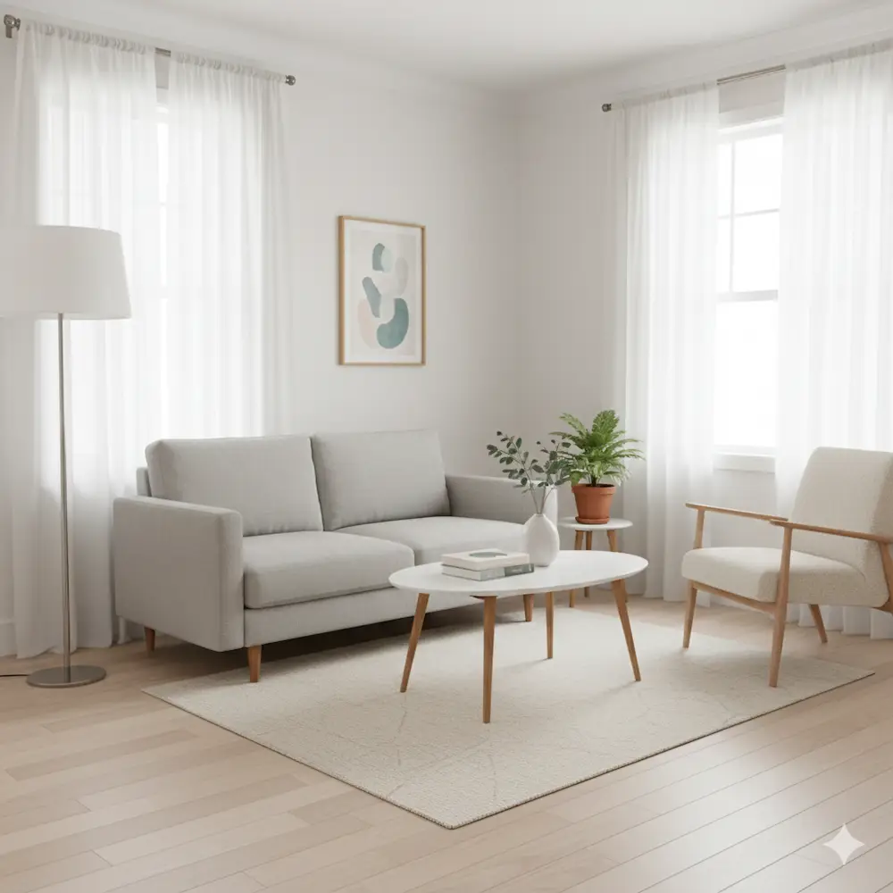 밝은 색상과 간결한 가구로 구성된 소형 거실