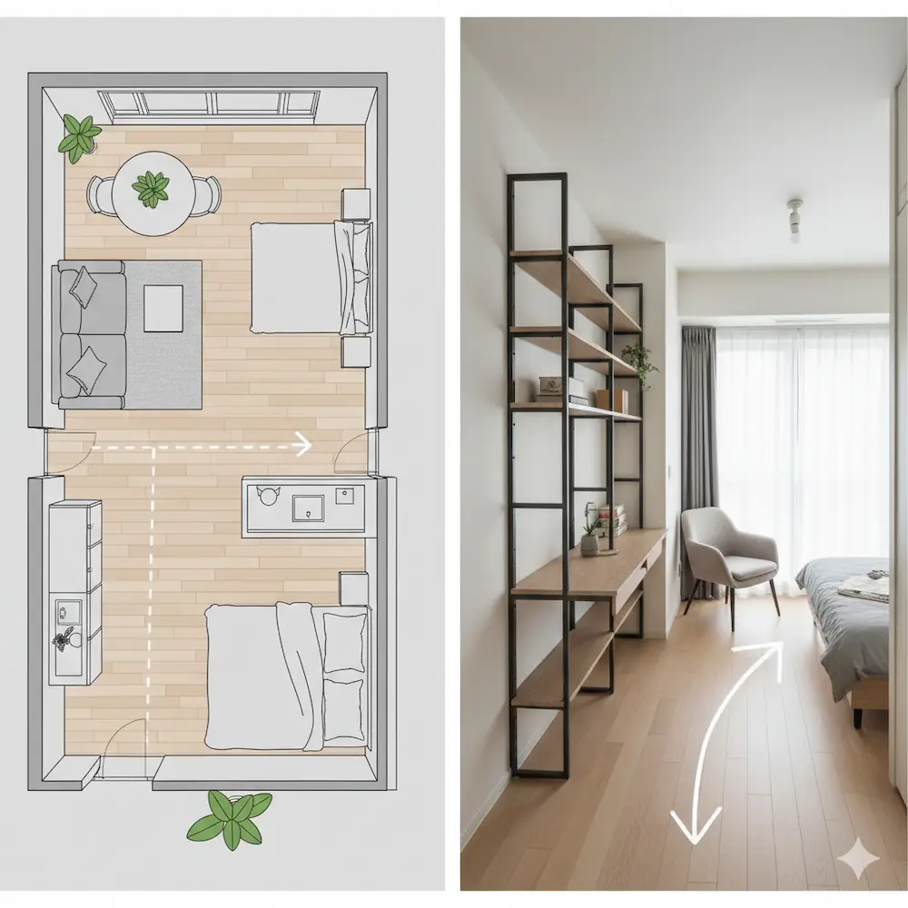 벽면과 동선을 고려한 주거 공간 구조 예시