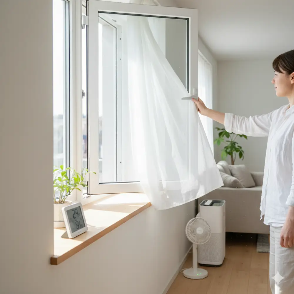 봄철 창문 환기와 실내 공기 관리 장면