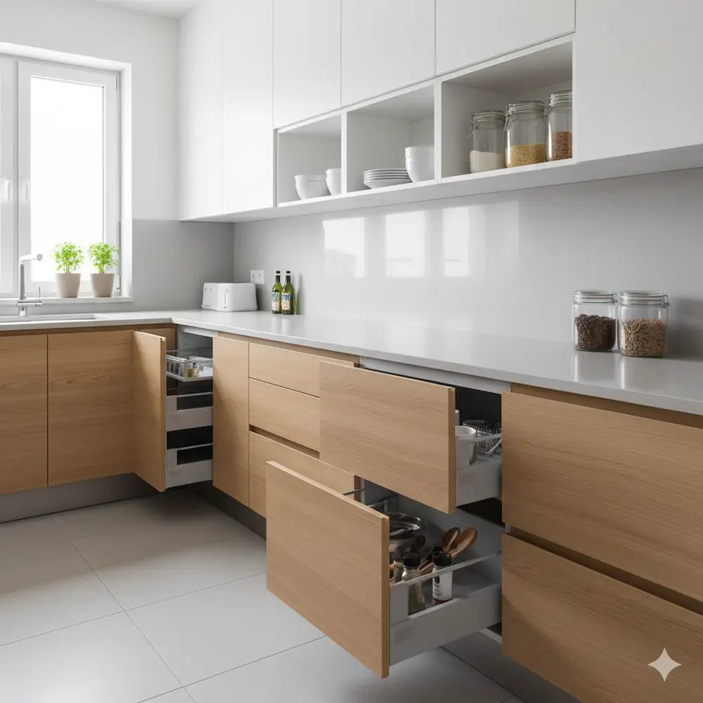 상부장과 하부장이 균형 있게 배치된 주방 수납 구조