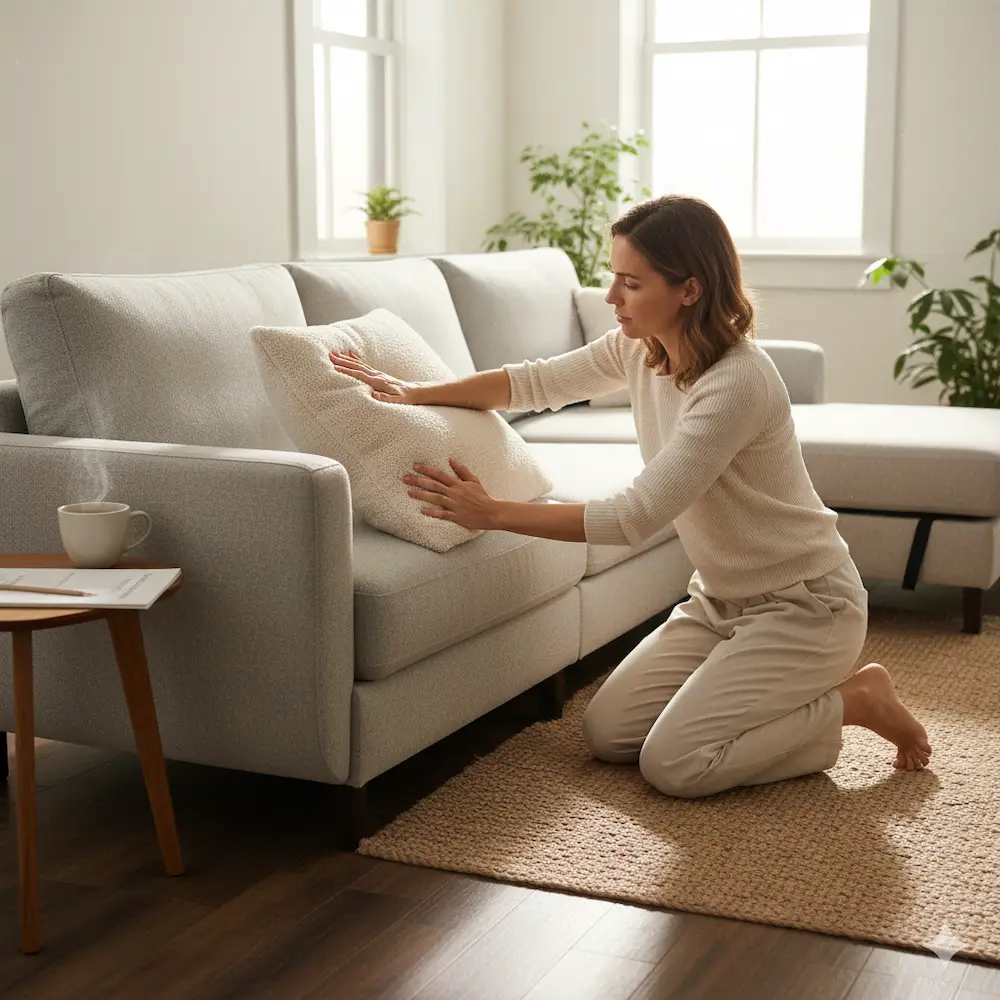 소파 구조와 쿠션 상태를 점검하는 모습