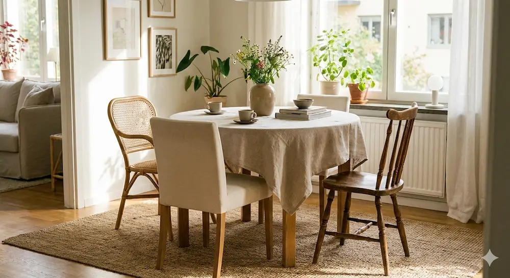 테이블과 의자 배치를 고려한 실내 공간 모습