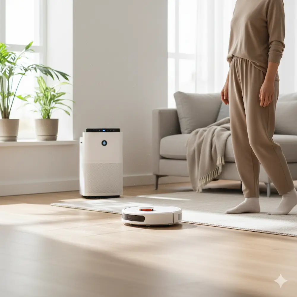 실내 바닥을 청소하며 미세먼지를 관리하는 모습