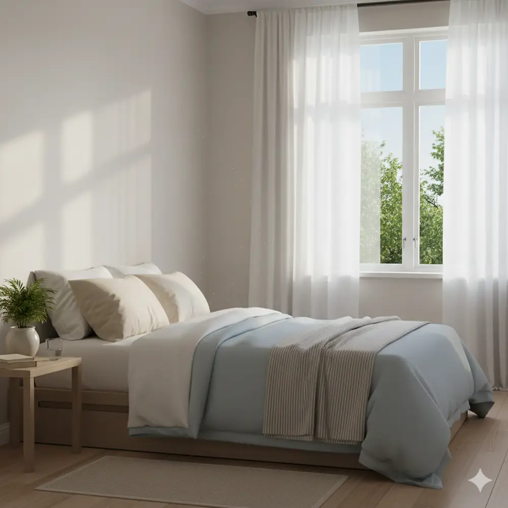 여름철 자연 채광이 들어오는 침실 환경