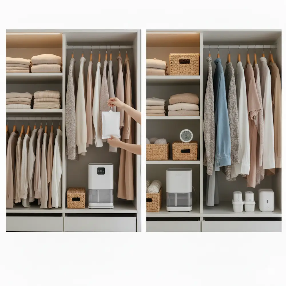 옷장 내부 제습 관리 모습