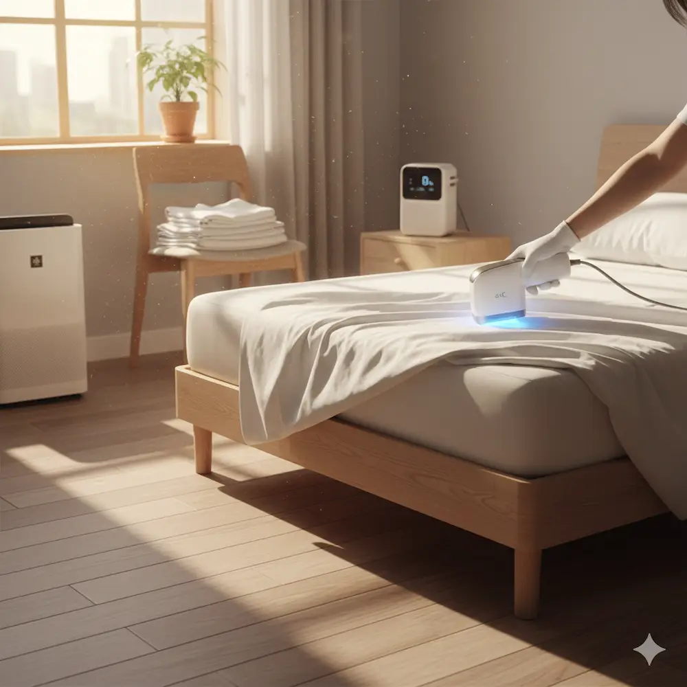 자연 채광이 들어오는 침실에서 매트리스 관리 모습