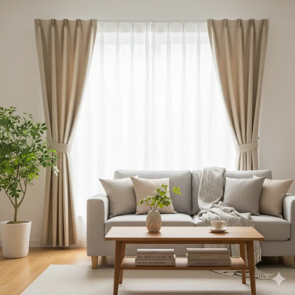 자연광이 들어오는 거실 공간과 커튼 배치 예시