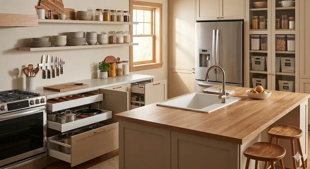 조리 동선과 수납 위치가 정리된 주방 공간 예시