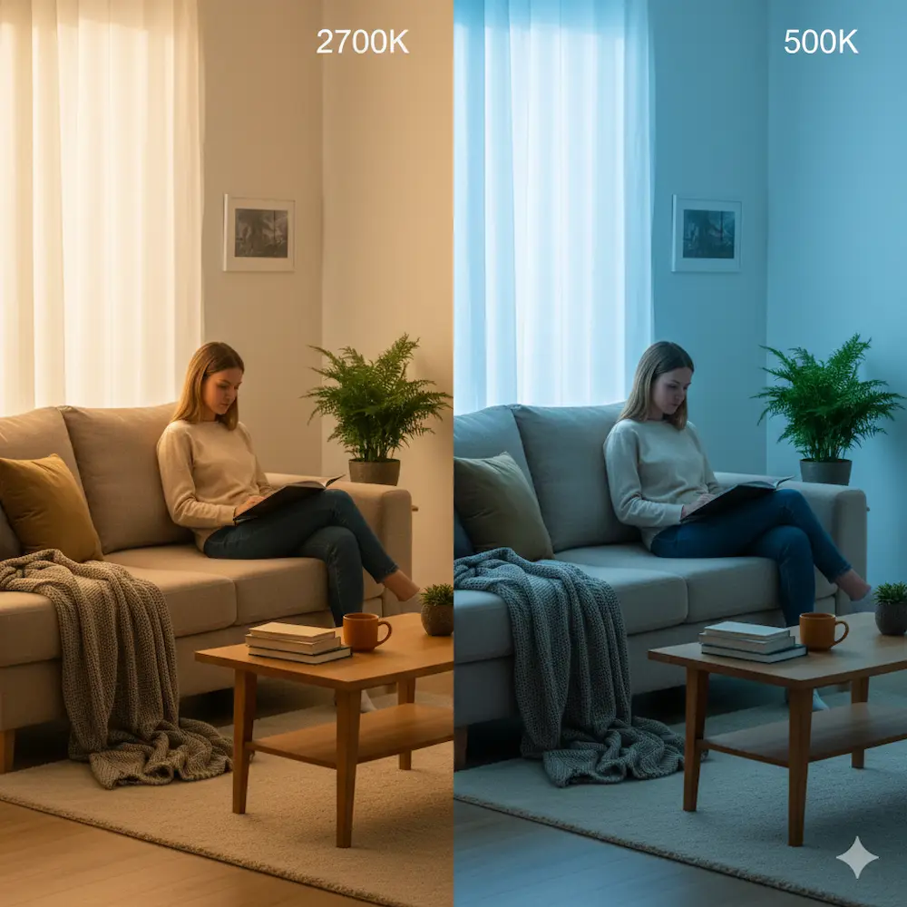 조명 색온도 차이에 따라 다른 분위기를 보이는 실내 환경