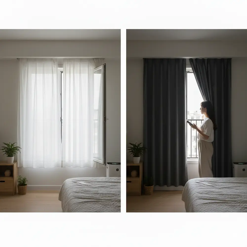 침실에서 빛 차단을 고려한 커튼 설치 예시